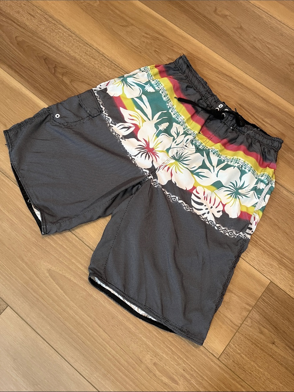 burnside Black Swim Shorts with Tropical Floral Waistband